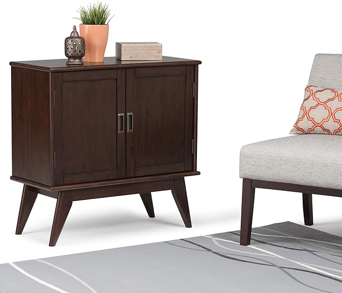 SIMPLIHOME Draper SOLID HARDWOOD 32 Inch Wide Mid Century Modern Low Storage Cabinet in Medium Auburn Brown, For the Living Room, Entryway and Family Room