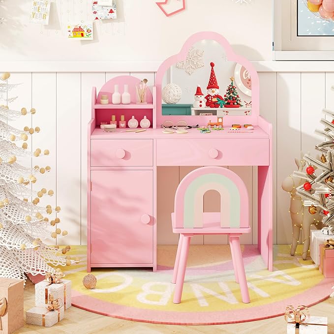 HONEY JOY Kids Vanity, Cloud Shape Wooden Girls Vanity Set with Mirror and Stool, Drawers, Storage Cabinet, Toddler Makeup Desk Dressing Table, Pretend Play Kids Vanity Table and Chair Set (Pink)