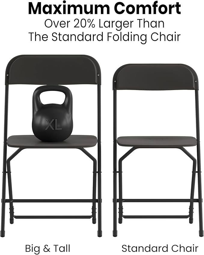 Flash Furniture Hercules Series Big & Tall Stackable Plastic Folding Chairs, Extra Wide Commercial Event Seats, Set of 4, Black