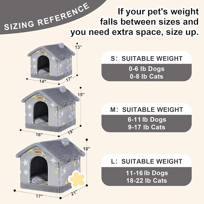 Cute Small Dog House Indoor,Foldable House Kennel Bed Mat with Cushion,Grey | L Size Dog Tent for 11-16 lb Dogs and 18-22 lb Cats, Dog Cave Bed with Non-Slip Bottom,Dog Cave with Foldable Reversible