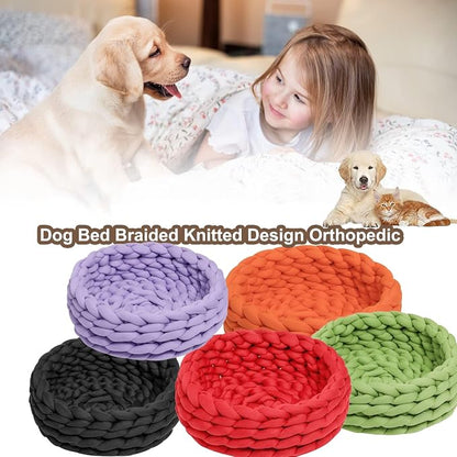 Woven Dog Bed Basket, Knitted Cotton Cat Bed Round Washable Woven Cat Pet Bed Chunky Dog Basket, Orthopedic, Chunky Knit Dog Nest,Dog Bed,Dog Cave,Dog Bedding(Beige,17")