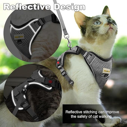 Cat Harness and Leash for Walking, Retractable Cat Harnesses and Leash Set Escape Proof, Breathable Soft Kitten Small Large Harness for Travel Training and Walking, Grey, XS