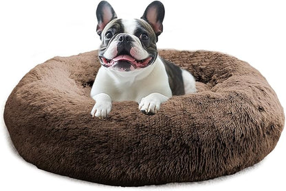 JOLLYVOGUE Calming Small Dog & Cat Bed for Indoor Cats - 20 inches Washable Donut Bed for Kittens & Puppies, Anti-Anxiety Round Fluffy Plush Pet Beds (Fits up to 15 lbs, Coffee)