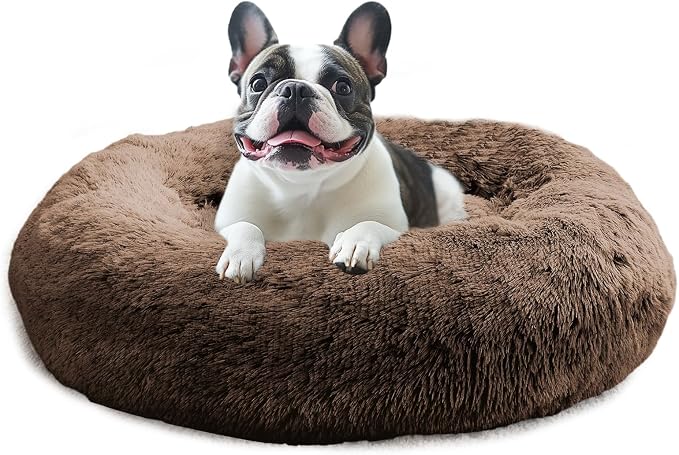 JOLLYVOGUE Calming Dog Bed for Small Dogs - 23 inches Donut Washable Small Dog Bed for Kittens & Puppies, Anti-Slip Round Fluffy Plush Faux Fur Cat Beds (Fits up to 25 lbs Pets, Coffee)