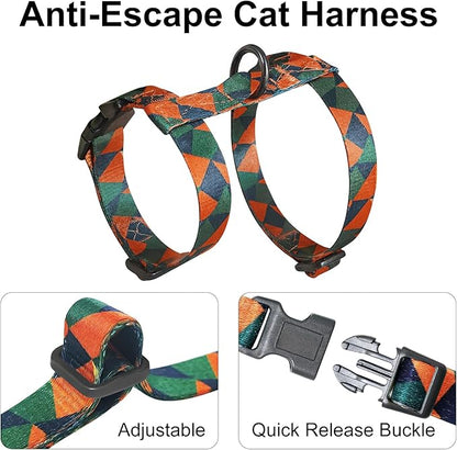Cat Harness and Leash Set with Matching Collar – Escape Proof Harness for Cats, Adjustable & Lightweight, Geometric Print, Easy Wear for Outdoor Walking & Training