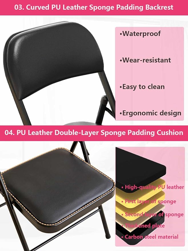 2 Pack Folding Chairs with Leather Padded Cushion and Back, Metal Black Foldable Chair for Indoor Outdoor, Commercial Stackable Guest Chairs for Office Events Wedding Party Kitchen Dining