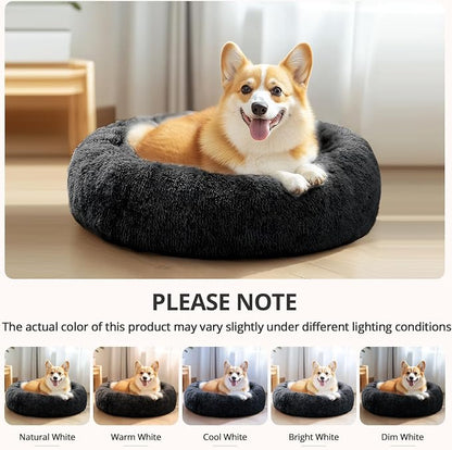 JOLLYVOGUE Calming Small Dog & Cat Bed for Indoor Cats - 20 inches Washable Donut Bed for Kittens & Puppies, Anti-Anxiety Round Fluffy Plush Pet Beds (Fits up to 15 lbs, Smoke Black)