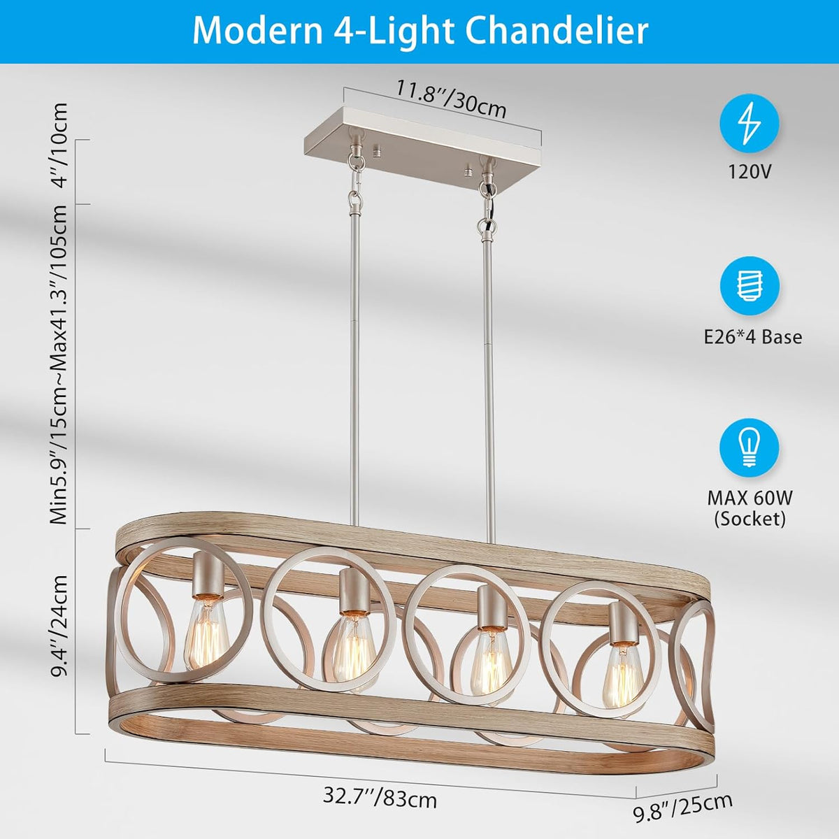 XINGQI Kitchen Island Chandelier for Dining Room Modern Farmhouse Rectangle Pendant Lighting Fixture Vintage Linear Hanging 4-Light Rustic Living Room, Antique Brushed Nickel and Wood Grain Finish