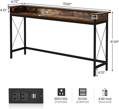 Tribesigns Sofa Table with Outlets and USB Ports, 70.9 inch Extra Long Console Table Behind Couch with Charging Station, Industrial Narrow Entryway Hallway Accent Table for Living Room