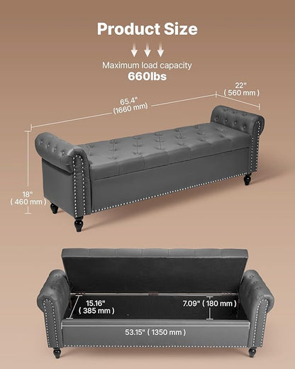 VEVOR Button-Tufted Storage Ottoman Bench, Rolled Arm PU Leather Bench with Solid Wood Legs, Modern Shoe Benches Seat for Entryway, Upholstered End of Bed Benches for Living Room, Dining Room, Gray