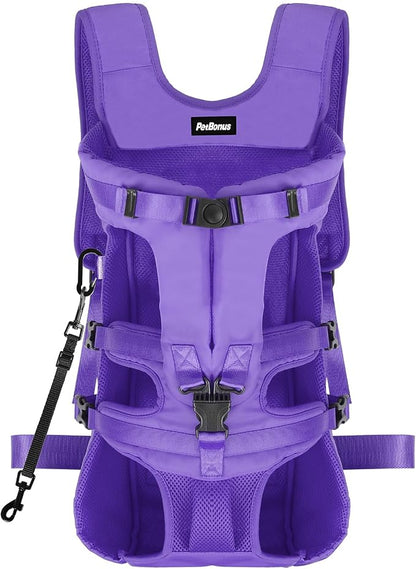 PetBonus Dog Front Carrier Backpacks, Legs Out Easy-fit Puppy Chest Carrier | Hands Free, Adjustable, Safety Strap, Walking Hiking Cycling Motorcycle bag, For Small Medium Dogs (Purple, XL)