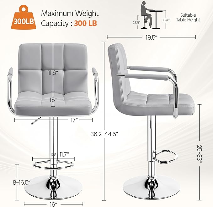 Yaheetech Bar Stools Set of 3, PU Leather Adjustable Barstools with Armrest, Counter Height Stool Chairs with Thickened Seat Cushion for Kitchen Island, Light Grey