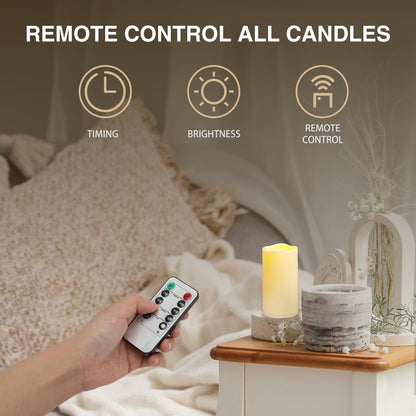 9PACK Outdoor Plastic flameless Candles with Remote Control and Timer, LED Flickering Battery Operated Electric Pillar Candles (D3 xH5.5) for Camping, Weddings, Home Decoration