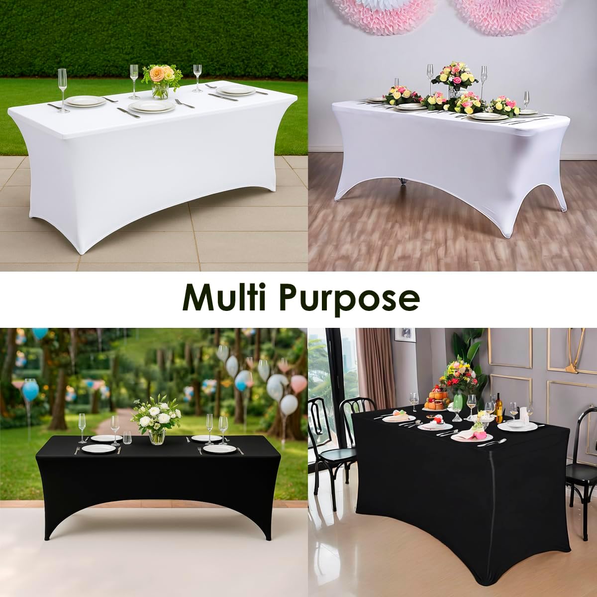 Craft And Party 6 Pack 8ft Black Spandex Tablecloth – Fitted Stretch Cover – Universal Fit for Folding Tables – Wrinkle-Free, Washable – Ideal for Parties, Weddings, Events