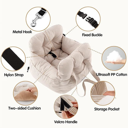 Dog Car Seat for Small Dogs, Portable Puppy Car Seat of Easy Installation, Fashionable Pet Carrier Bag with Large Pockets, Machine Washable Dog Booster Seat (Striped Khaki)
