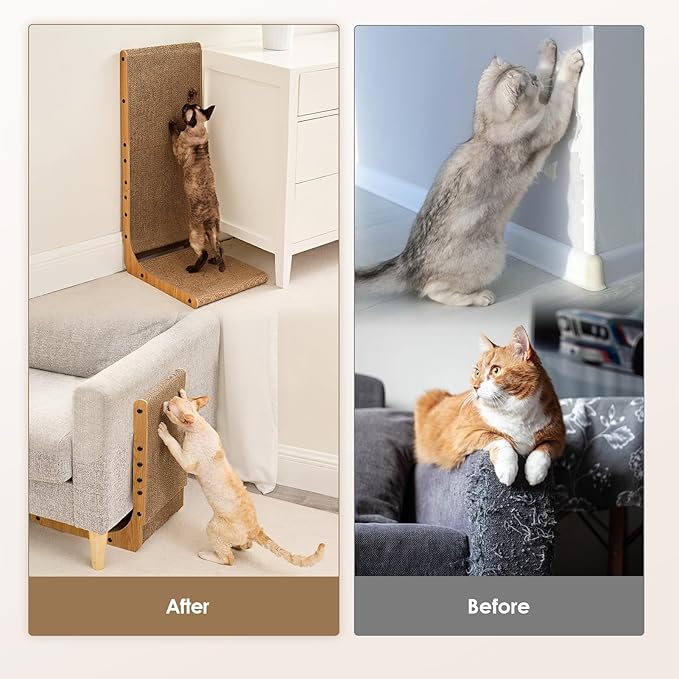 EHEYCIGA Cardboard Cat Scratcher for Indoor Cats, 26.8 Inch L Shaped Vertical Cat Scratching Board with Ball Cat Toy, Large Cat Scratcher Pad, Brown