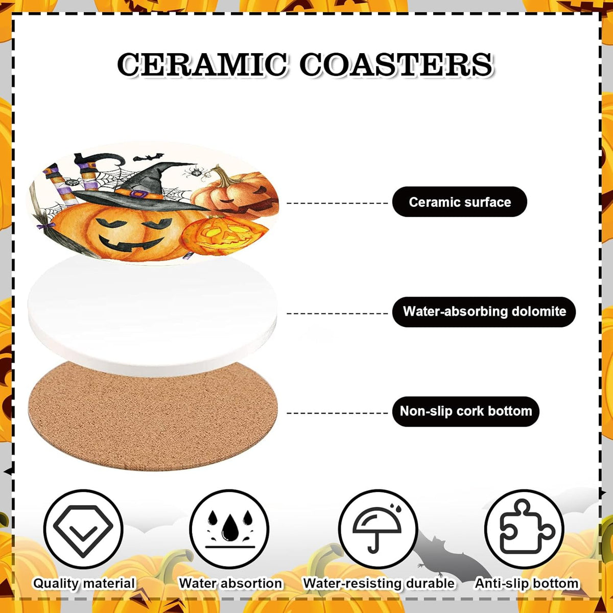 Whaline 6Pcs Halloween Coasters Watercolor Ceramic Coasters Pumpkin Gnome Pattern Drink Coasters Cup Mat for Table Room Decor Party Supplies, 4.1 x 0.3 Inch