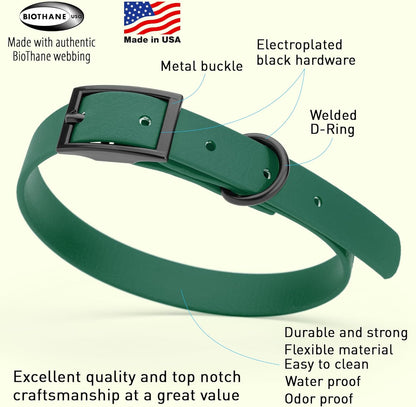 Dogline Biothane Waterproof Dog Collar Strong Coated Nylon Webbing with Black Hardware Odor- Proof for Easy Care Easy to Clean High Performance Fits Small Medium or Large Dogs, Hunter Green