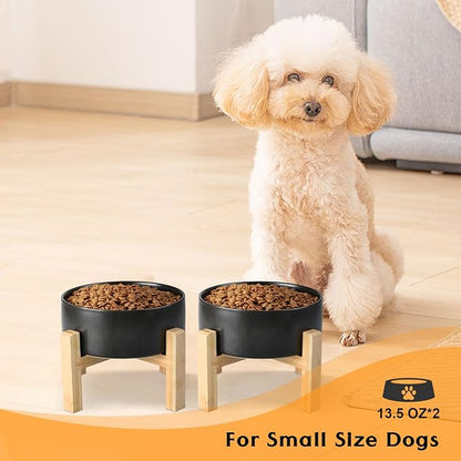 SPUNKYJUNKY Ceramic Elevated Dog Bowls 2 Pack - 5.1inch Raised Dog Bowls with Non-Slip Wooden Stand for Small Dogs Dishwasher Safe(Black,13.5OZ*2)