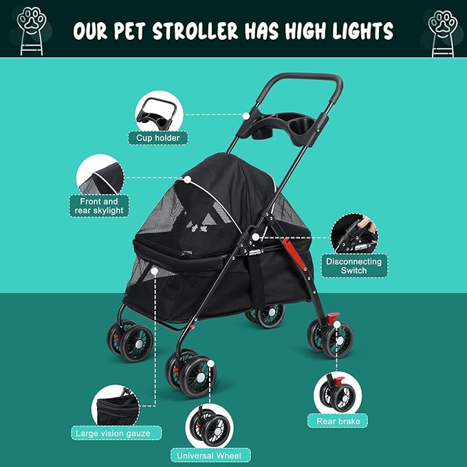 Dog Cat Stroller, 4 Wheels Outdoor Travel Pet Folding Stroller, Dog Cat Cage Strollers with Cup Holder, Breathable and Visible Mesh for Medium Small Dogs or Cats 1 Set