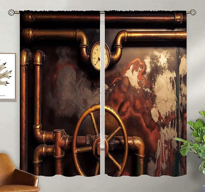 Steampunk Blackout Curtains Home Decor,Vintage Steampunk steam Pipes Pressure Rod Pocket Thermal Insulated Drapes Darkening Window Curtain for Bedroom Living Room 63 x 63 Inch