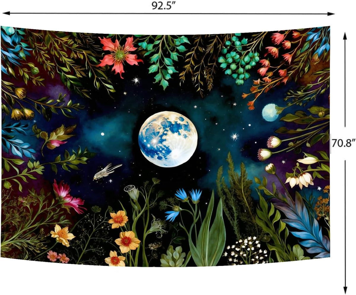Delur Moonlit Garden Tapestry Boho Moon Floral Plant Tapestry Wall Hanging Colorful Flower Botanical Nature Night Landscape Headboard for Bedroom Living Room Home Decor (70.8" x 92.5")