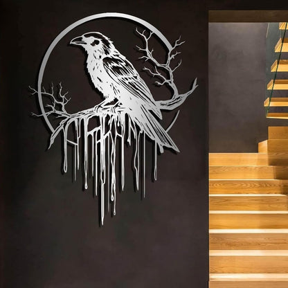 Crow Metal Wall Decor, Raven Wall Art, Large Gothic Raven Decor Hangings, Bird Wall Decor, Metal Tree Branch Decor, Ravens Sign, Raven Art for Living Room (White, 24"x19" | 60x48cm, metal wall art)
