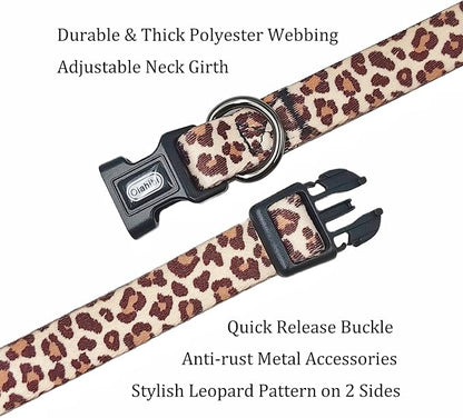 Dog Collar Leash Set, Leopard Pattern, Polyester Material, Adjustable Collar and 5ft Matching Leash, for Small Dogs.(S, Light Coffee Leopard)