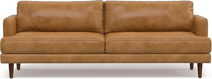 SIMPLIHOME Livingston 90-inch Wide Sofa in Sienna Top Grain Genuine Leather, Handcrafted Mid-Century Modern Couch for Living Room, Large 3-Seater with Feather-Wrapped Cushions and Solid Wood Frame