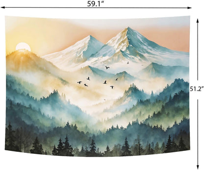 Delur Mountain Tapestry Boho Misty Sunset Forest Tree Tapestry Wall Hanging Sunrise Nature Landscape Psychedelic Headboard for Bedroom Living Room Home Decor (51.2" x 59.1")