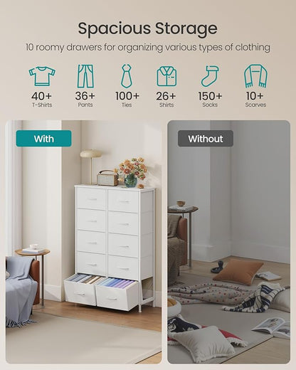 SONGMICS Dresser for Bedroom, Chest of Drawers, Steel, MDF, 10 Non-Woven Fabric Drawers, Storage Organizer Unit, Closet, Entryway, Cloud White and Snow White ULGS125W01S