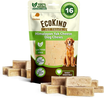 EcoKind Premium Gold Yak Cheese Himalayan Dog Chews, Healthy Dog Treats for Small Dogs, All Natural, High Protein Dog Chew, Chicken, Small - 16 Chews