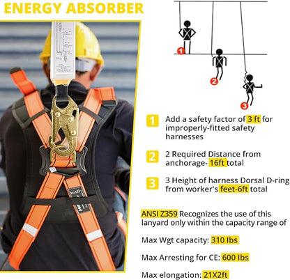 TRSMIMA Rope Harness Safety Lanyard：50ft Roofing Rope Fall Protection | Vertical Safety Harness Rope With Grab Snap Hooks Shock Absorber - Tree Climbing Line Kit Heavy Duty Safety Equipment ANSI CE