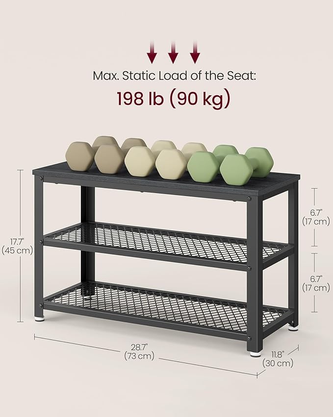 VASAGLE, 3-Tier Shoe Rack, Shelf Storage Bench with Metal Mesh Shelves and Seat, Free Standing Shoe Organizer for Entryway, 11.8 x 28.7 x 17.7 Inches, Ebony Black and Black ULBS073B06