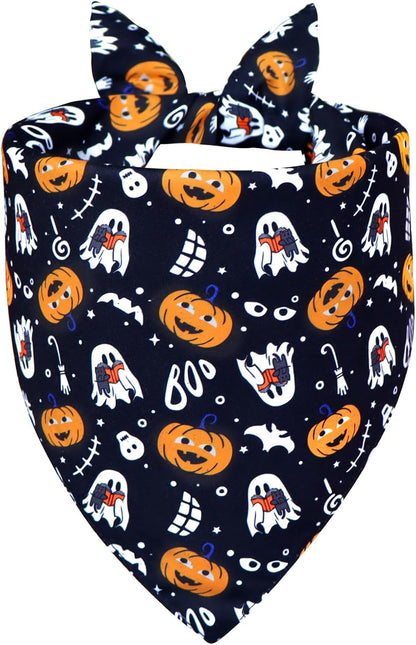 Halloween Dog Bandana for Large Dogs - Reversible Black Skull Pumpkin Print Scarf - Soft & Quick-Dry for Costume Parties
