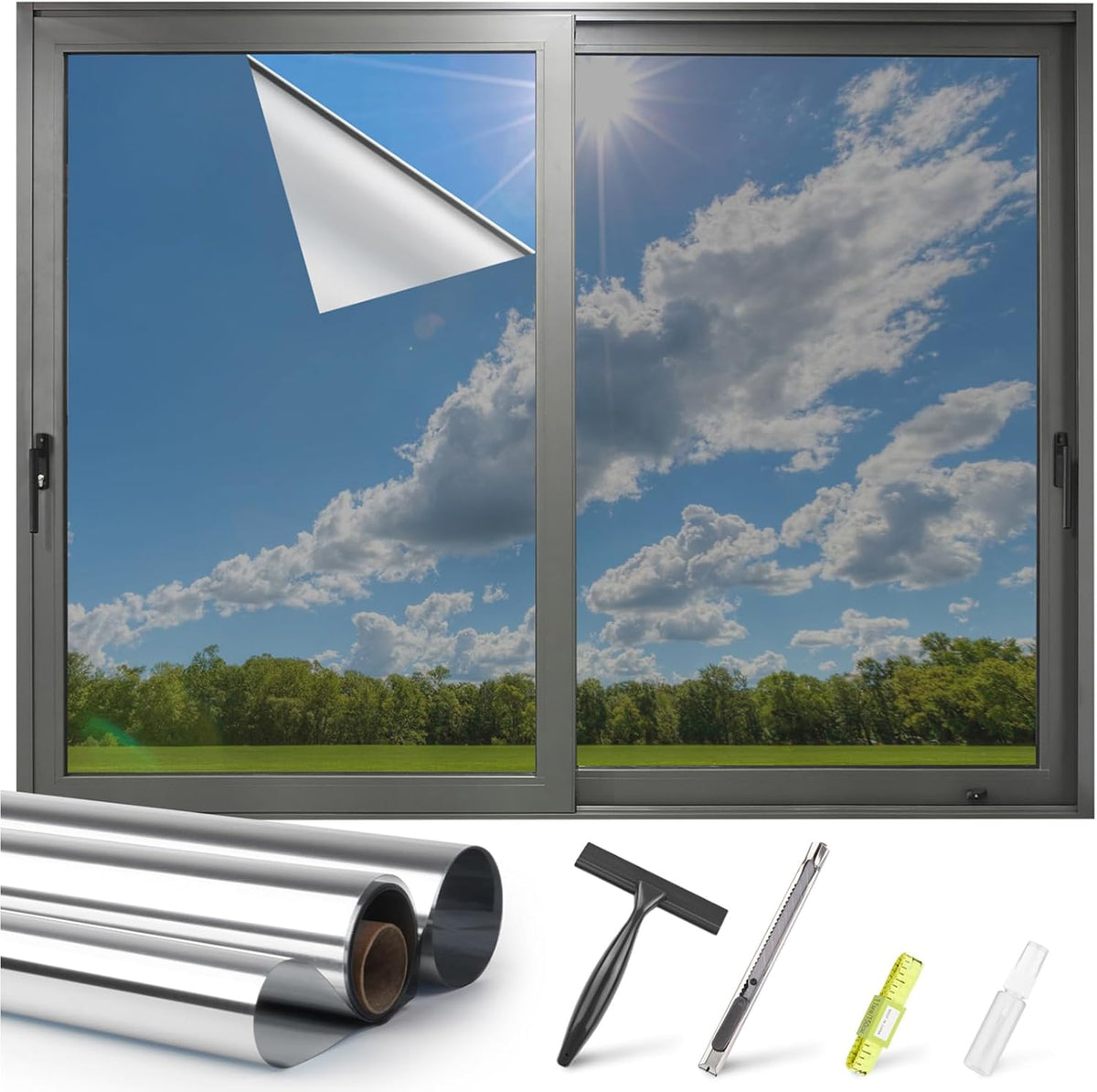 Kromapolis One Way Window Privacy Film Reflective Mirror Home Window Tint, Daytime Privacy Heat Control Anti UV Glass Tinting Static Cling (Silver, 17.5 x 157.4 inch)