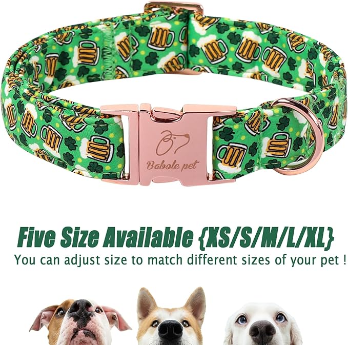 St. Patrick's Day Dog Collar, Beer & Clover Green Dog Collars, Adjustable Heavy Duty Irish Shamrock Pet Collar for Small Medium Large Dogs with Metal Buckle S