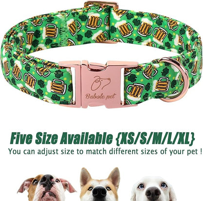 St. Patrick's Day Dog Collar, Beer & Clover Green Dog Collars, Adjustable Heavy Duty Irish Shamrock Pet Collar for Small Medium Large Dogs with Metal Buckle L