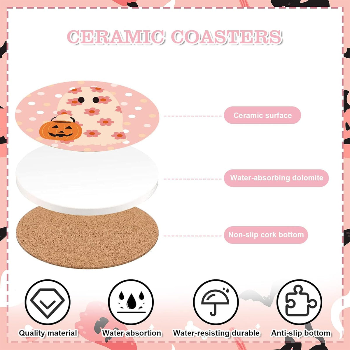 Whaline 4Pcs Halloween Coasters Pink Ghost Bat Pumpkin Ceramic Coasters Absorbent Cup Mat for Home Kitchen Office Party Table Decor