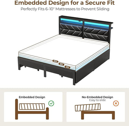 Seventable Queen Bed Frame with 4 Storage Drawers, Charging Station & LED Lights, Upholstered Headboard with 2-Tier Shelves, Metal Platform Bed, No Box Spring Needed, Noise-Free, Black