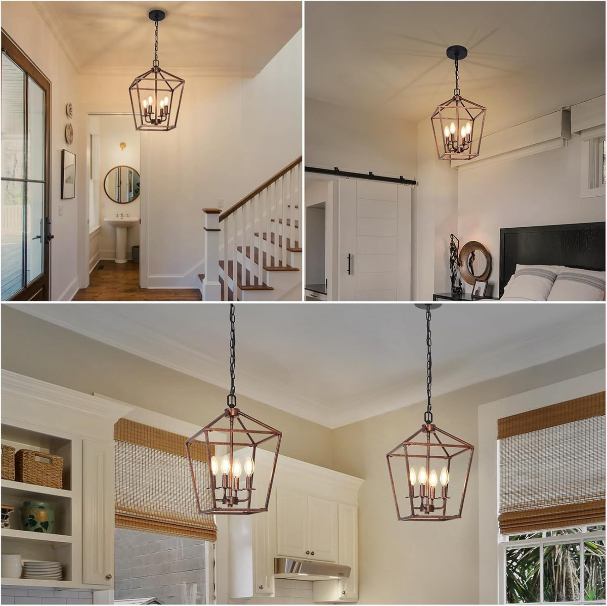 Chandelier for Dining Room, 4-Light Rustic Chandelier Fixtures, Vintage Ceiling Light with Adjustable Height, Antique Bronze Geometric Hanging Light for Bedroom, Foyer, Kitchen, Living Room, Entryway