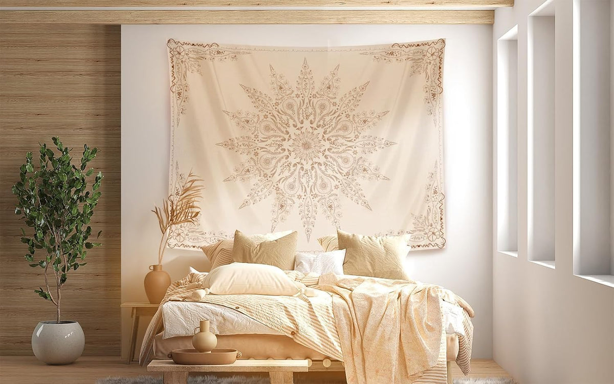 Damanse Floral Tapestry Wall Hanging Cute,Boho Wall Tapestry for Bedroom Aesthetic,Mandala Living Room Decor for Teen Girls (Flaxen, 70.9"x90.6")