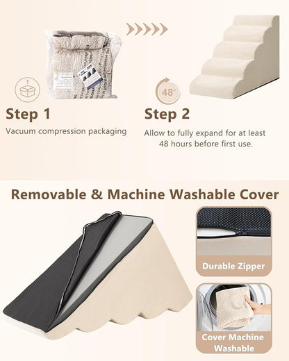 Dog Stairs for High Bed,5 Step Dog Ramp for Small and Medium Dogs,Pet Stairs with Non-Slip Bottom for Puppy, Older Cat,Indoor Pet Steps,Comfort,Durable,22.4" H,Beige