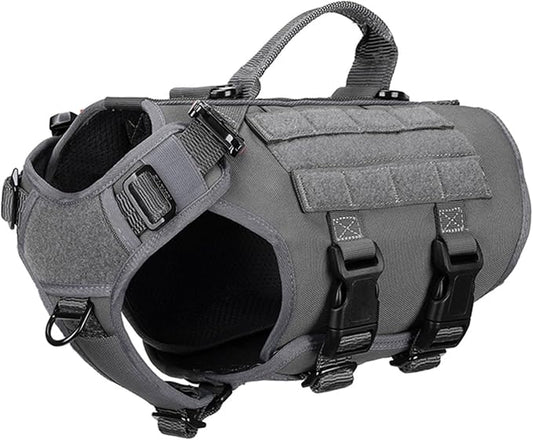 ICEFANG No Pull Tactical Dog Harness for Small Dogs,Adjustable Dog Vest | Control Handle,MOLLE Panel,Front Hook,3 Leash Clips,Soft Padded,for walking training,Grey,Small