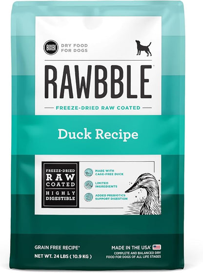BIXBI Rawbble Dry Dog Food, Duck, 24 lbs - USA Made with Fresh Meat - No Meat Meal & No Corn, Soy or Wheat - Freeze Dried Raw Coated Dog Food - Minimally Processed for Superior Digestibility