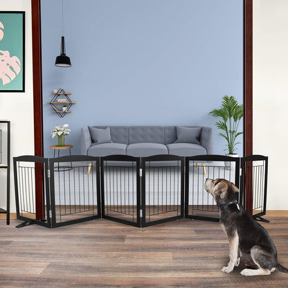 ZJSF Freestanding Dog Fence Indoor, Foldable Dog Gate for Doorways, Stairs or Hallways, Sturdy Wood Extra Wide Pet Gate with Support Feet for The House, Black, 24 "Height-6 Panels