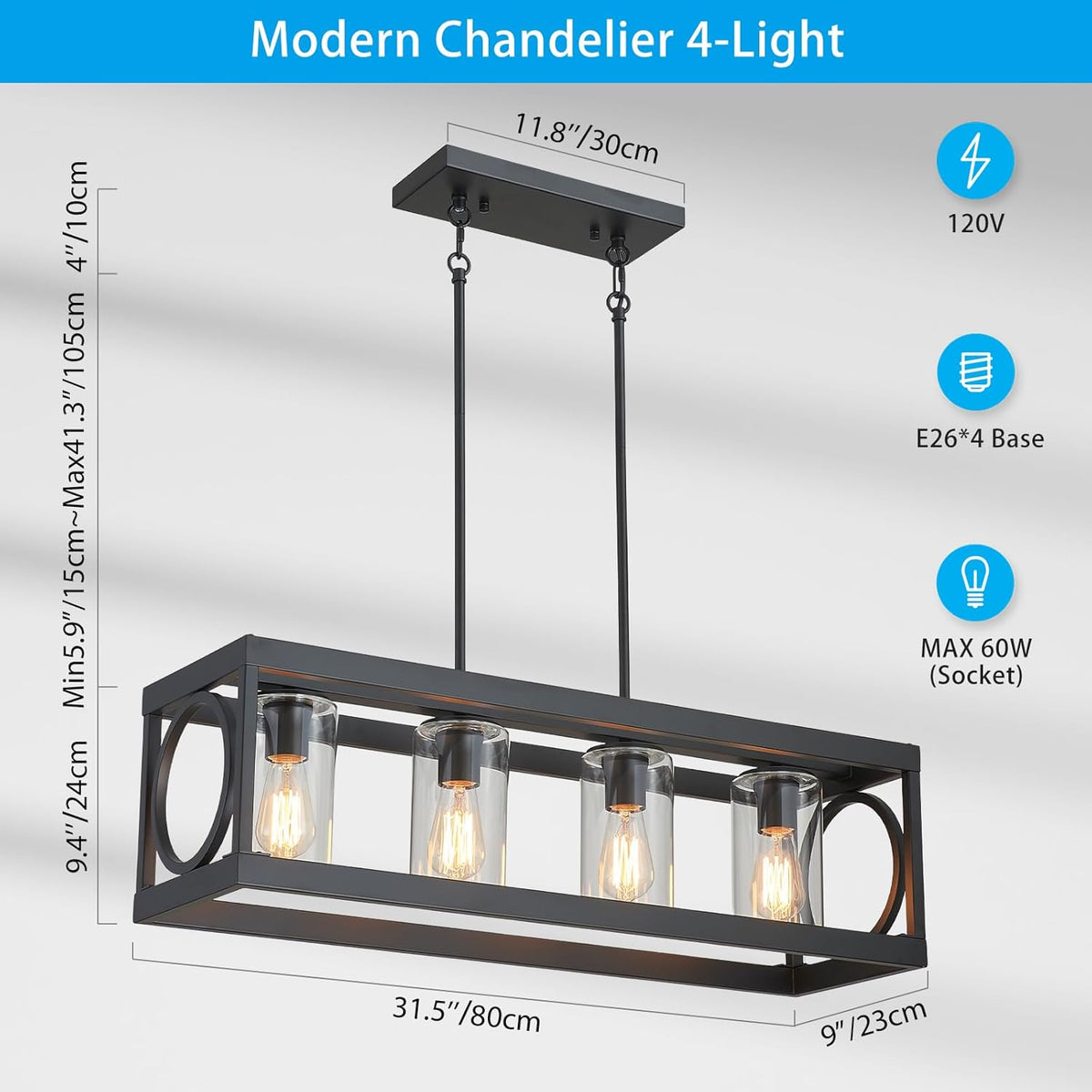 XINGQI Black Kitchen Island Light Fixtures Over Table, 31.5" Rectangular Linear Chandeliers Farmhouse Dining Room Pendant Ceiling 4-Light with Glass Lampshade for Living Room Bar Office
