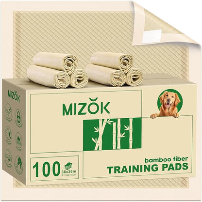 MIZOK Bamboo Dog Pee Pads Highly Absorbent No Leak XXL 36x36in 100Ct | Thick Bamboo Fibers Instantly Absorb Liquid and Neutralize Bad Odors Keeping Your Indoor Living Space Clean and Leak Proof