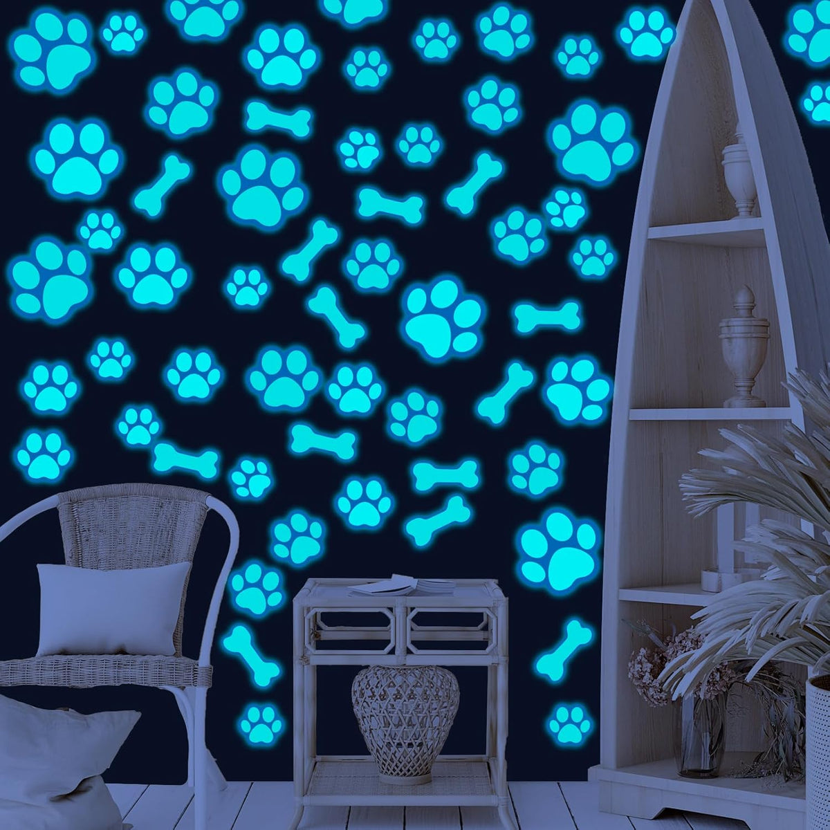 127 Glow in The Dark Dog Paw Stickers Luminous Removable Vinyl Wall Decals for Kids Nursery Bedroom(Blue Light)
