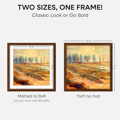 Homeforia 11x11 Picture Frame Brown, High-End Dark Oak 11 x 11 Square Brown Wood Frames with Mat 9 by 9 Photo, 11by11 Wooden Walnut Poster Frame Matted to 9x9 Print, Tempered Glass, Wall Kit, Set of 1